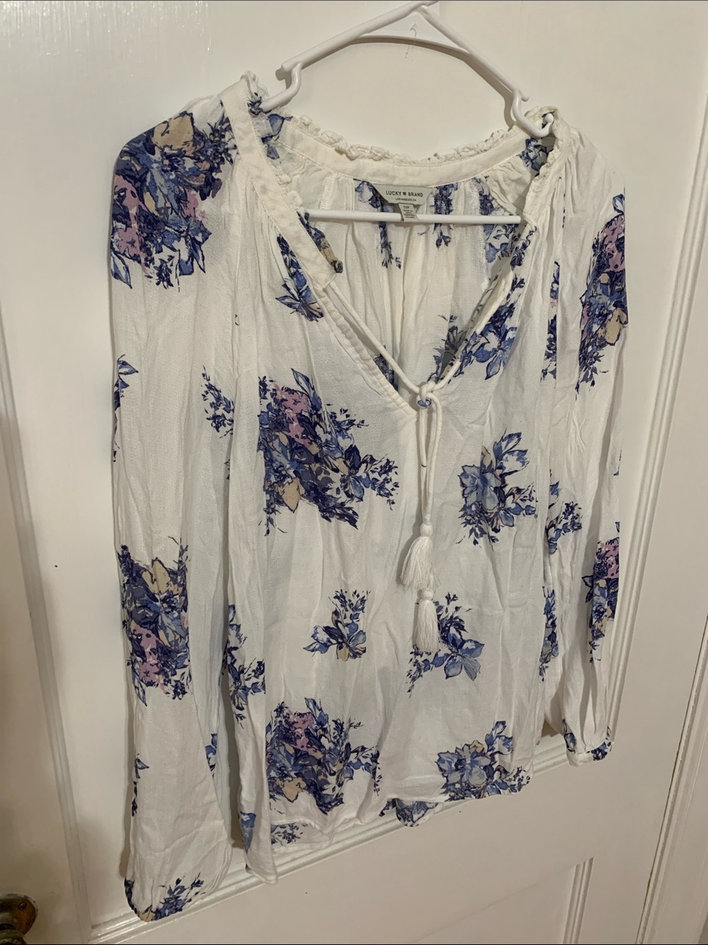 Lucky Brand White Peasant Blouse with Blue and Pink Floral Print